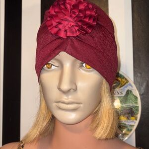 Vintage 1970s Burgundy Turban with Floral Accent